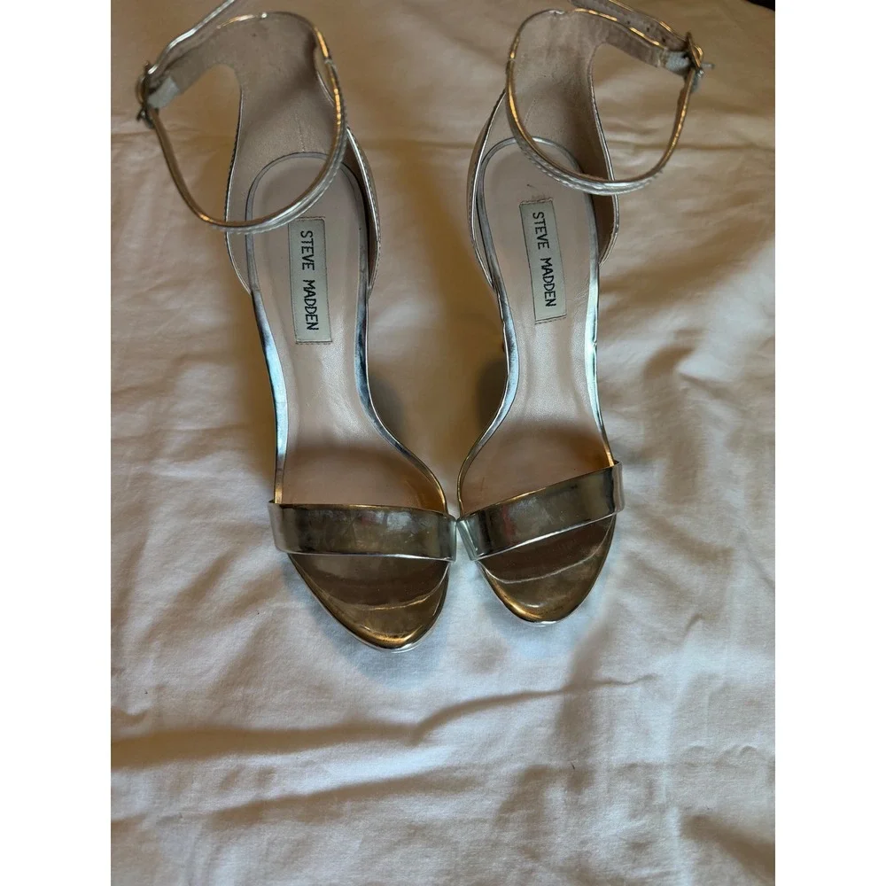 Steve Madden Womens Silver Metallic Platform Stiletto Ankle Strap Heels Size 7M